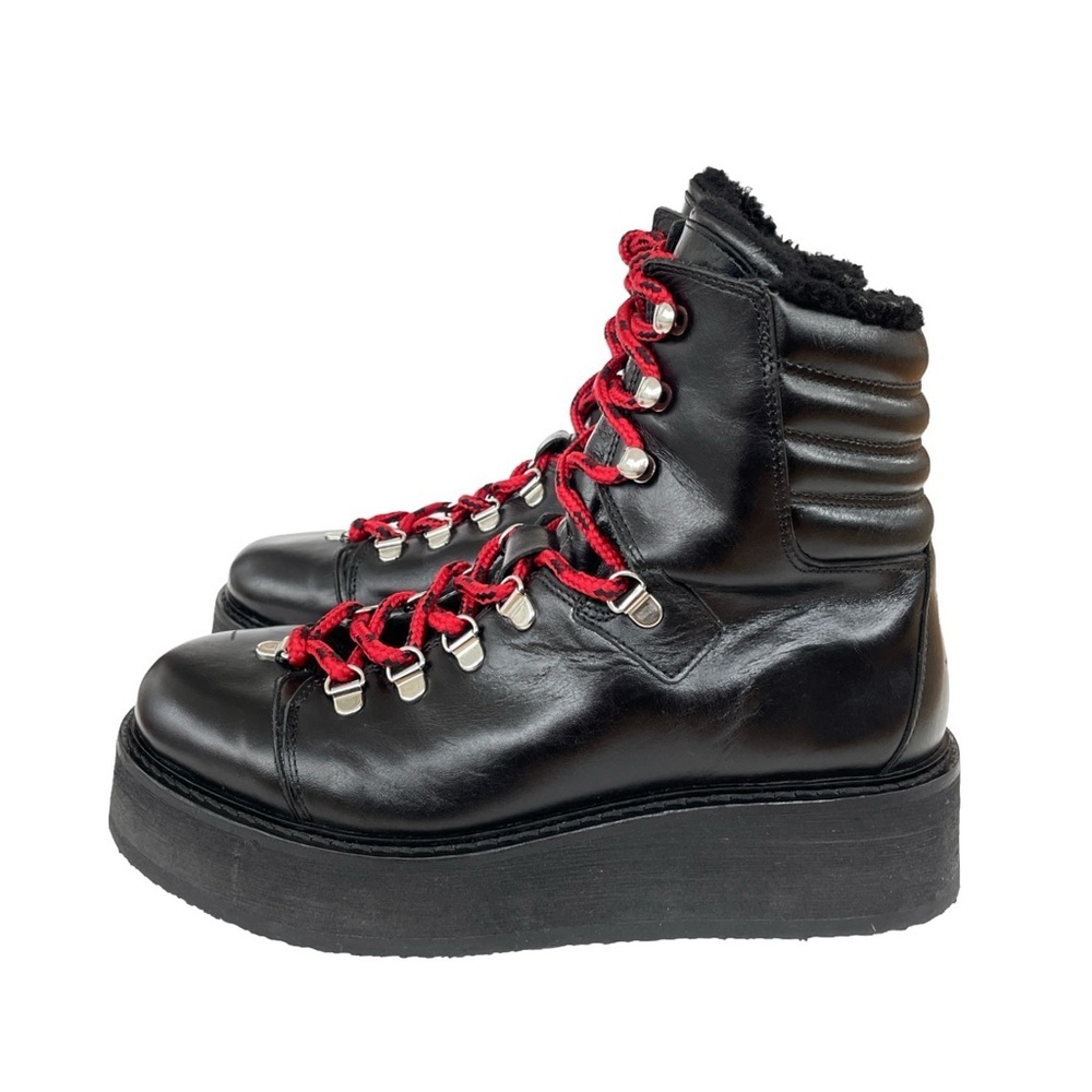 ALLSAINTS Fae Lace-Up Winter Hiker Boots, Black Leather, Red Laces, Wedge, EU 38 - Picture 3 of 10